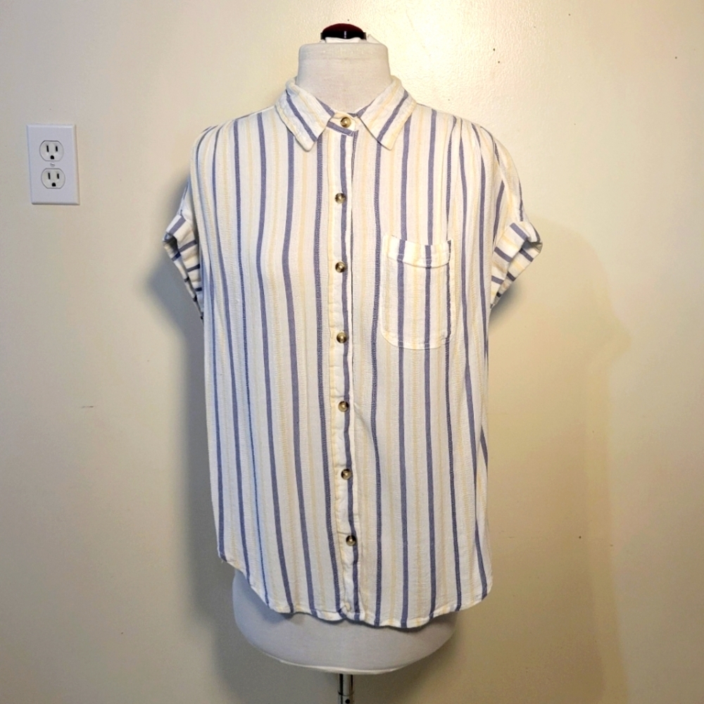 Japna (Women's L) Coastal Striped Gauzy Button-Up Shirt